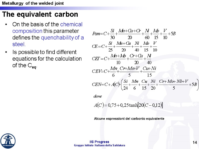 14 The equivalent carbon On the basis of the chemical composition this parameter defines
